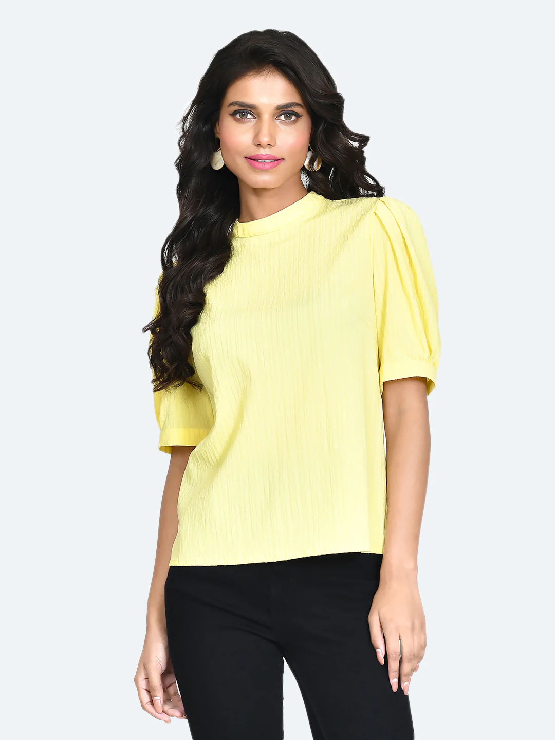 Yellow Solid Puff Sleeve Top - Image 2