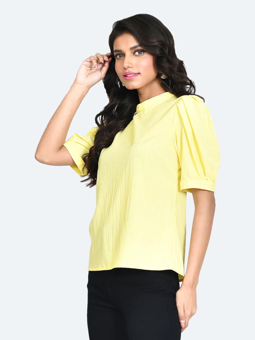 Yellow Solid Puff Sleeve Top - Image 3