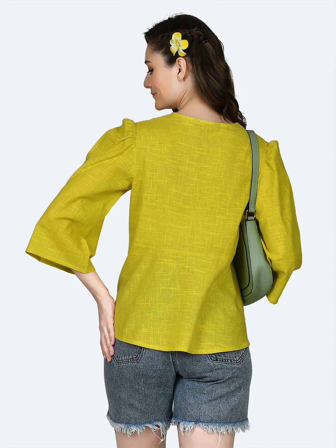 Yellow Solid Puff Sleeve Top - Image 4
