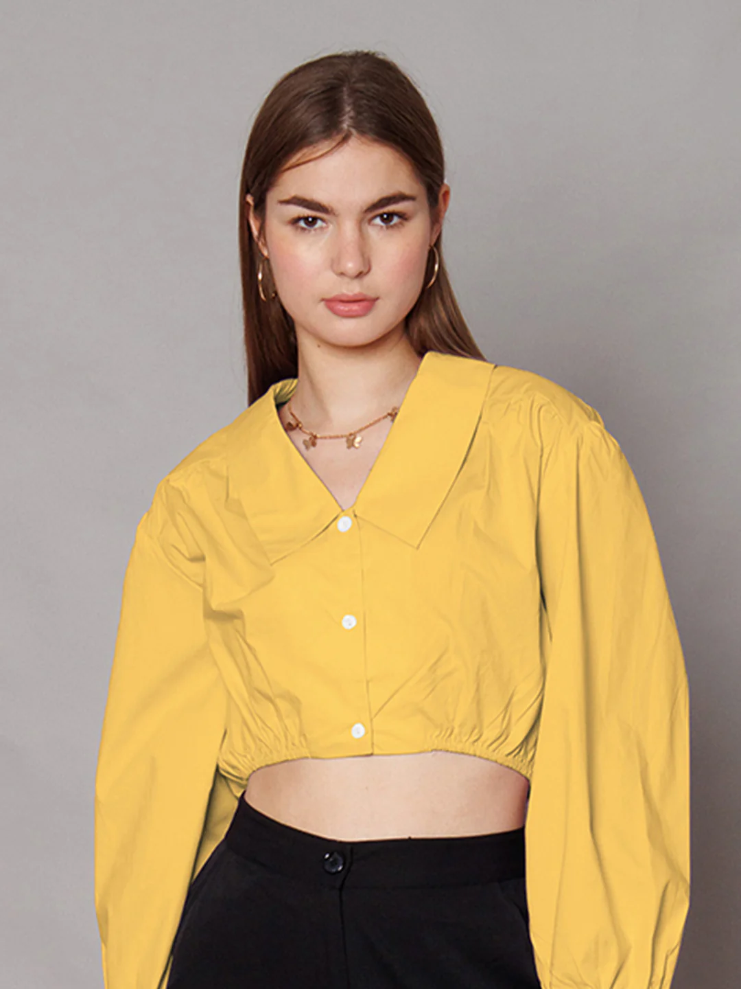 Yellow Solid Relaxed Fit Crop Shirt - Image 5