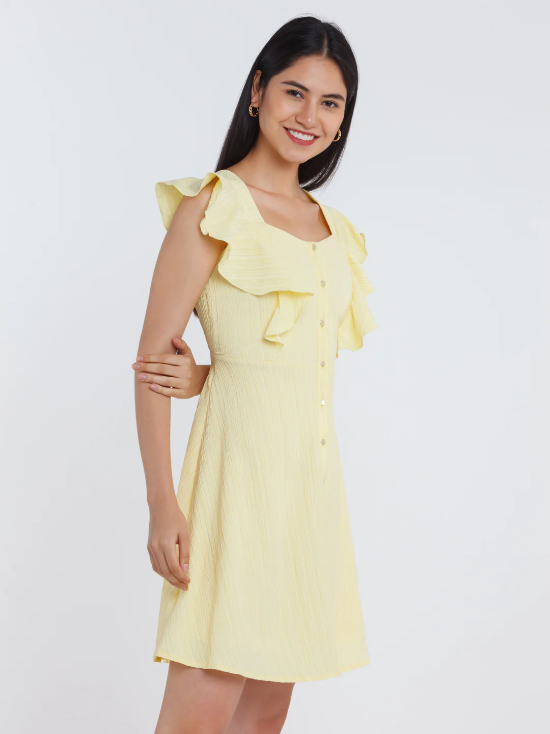 Yellow Solid Ruffled Short Dress - Image 3