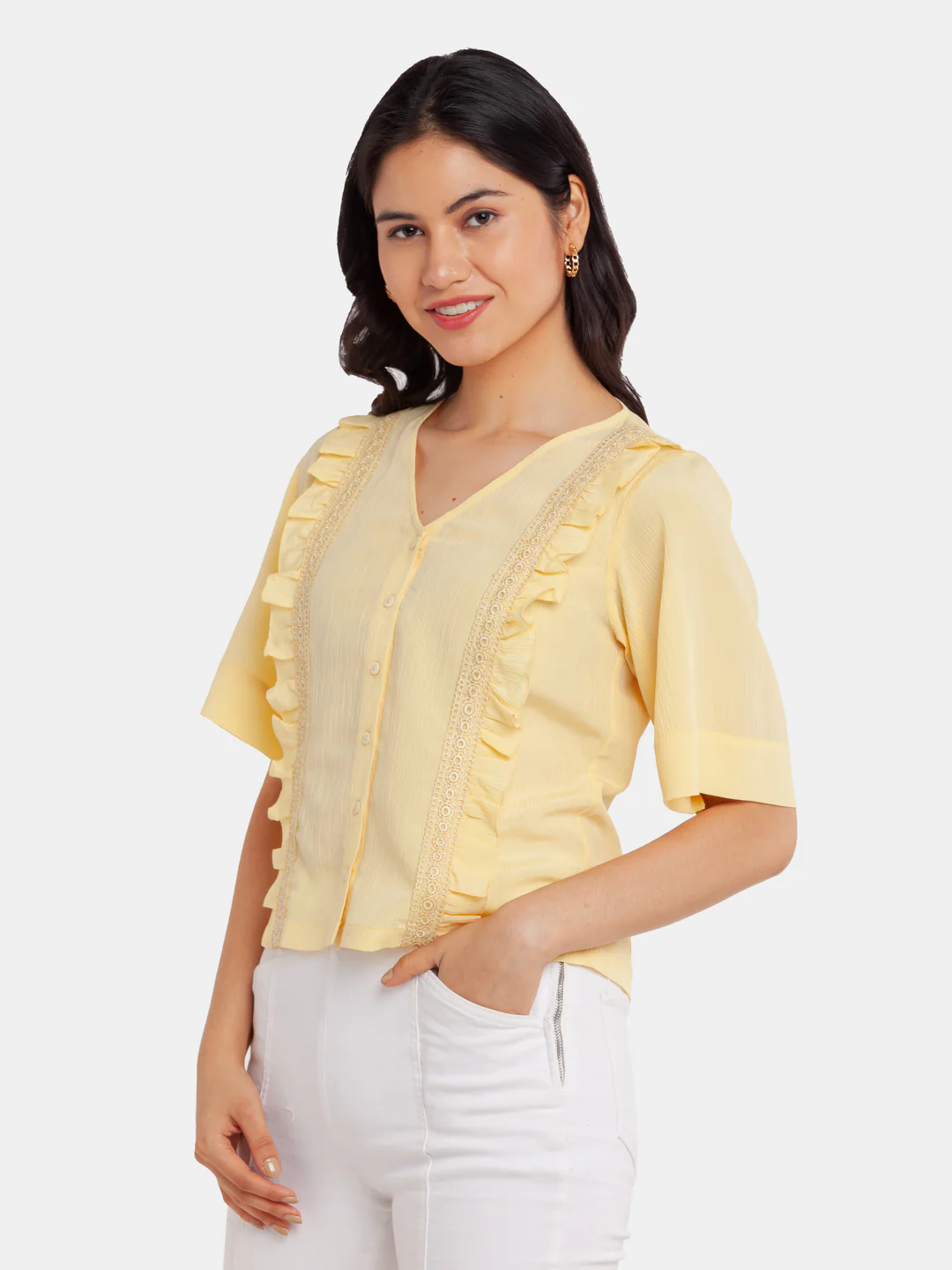 Yellow Solid Ruffled Top - Image 3