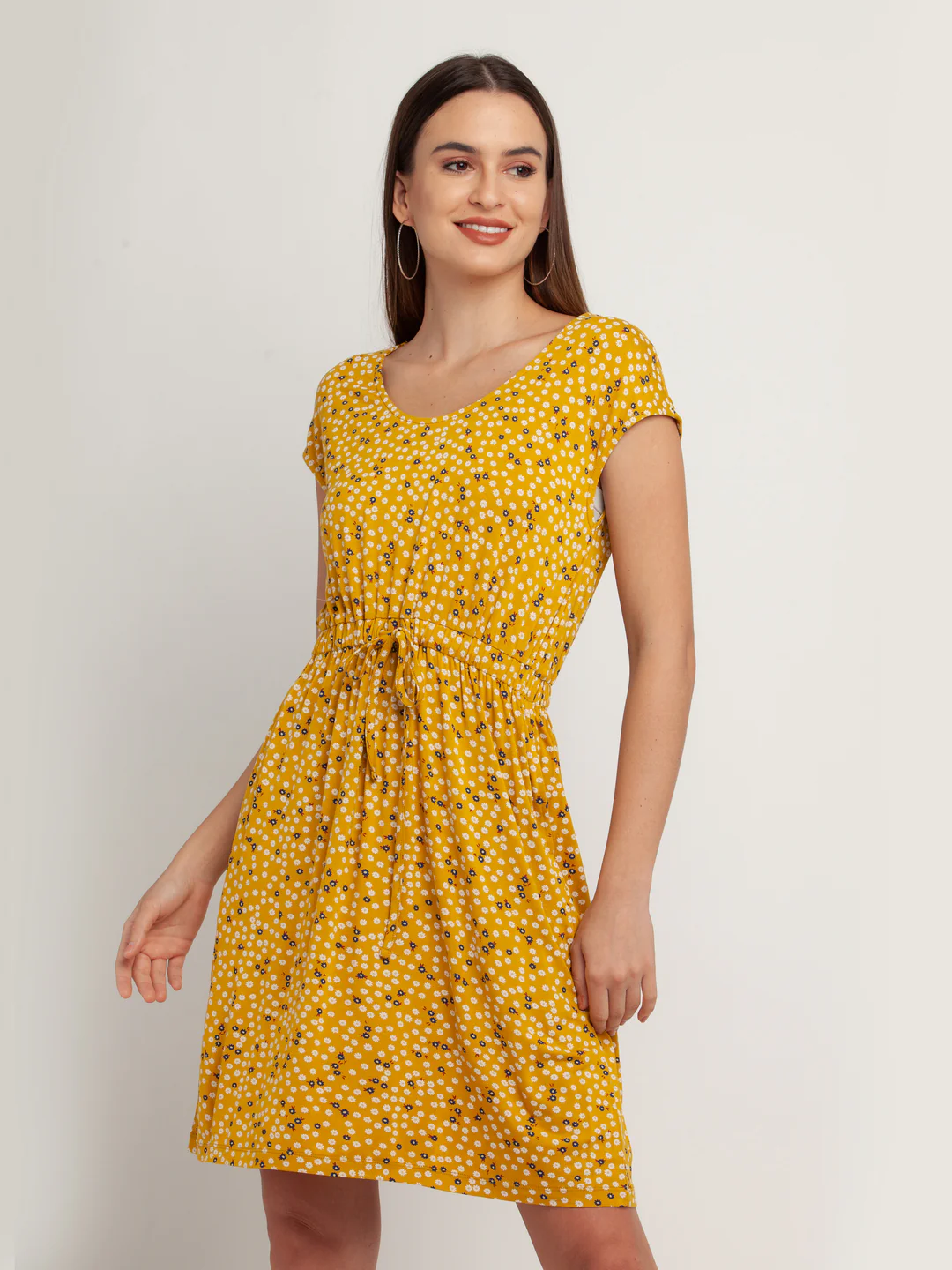 Yellow Solid Short Sleeves Short Dress - Image 3