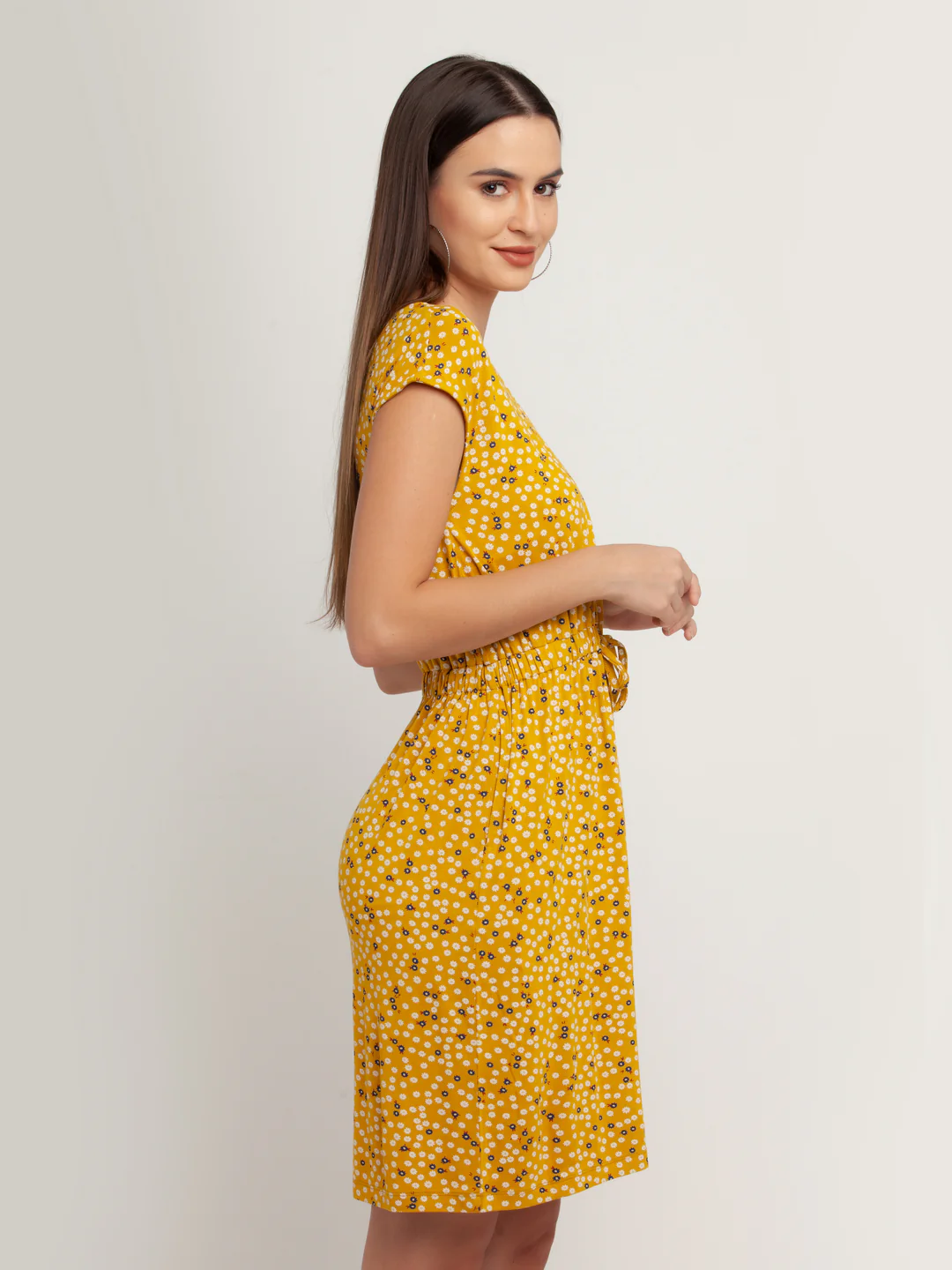 Yellow Solid Short Sleeves Short Dress - Image 4