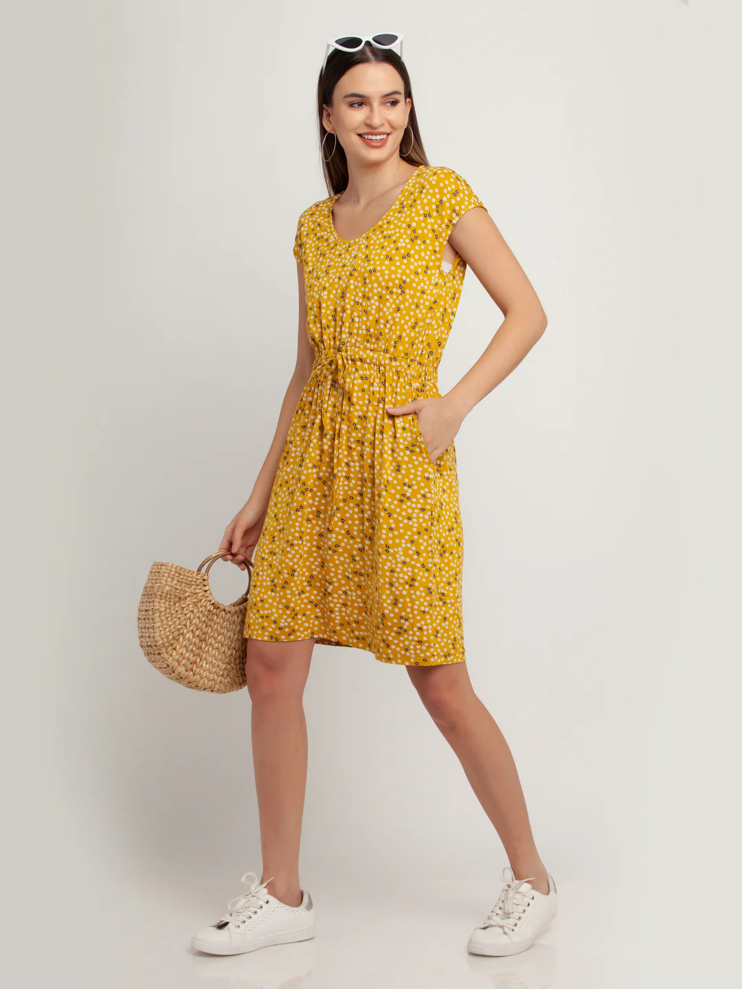 Yellow Solid Short Sleeves Short Dress - Image 6