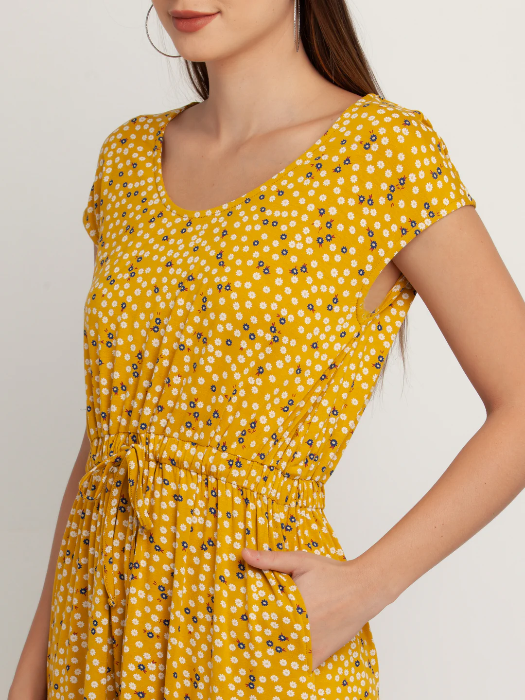 Yellow Solid Short Sleeves Short Dress - Image 7