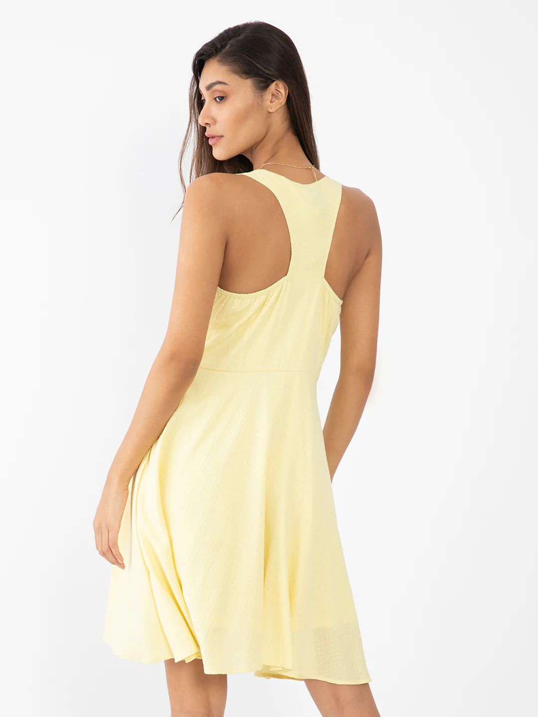 Yellow Textured Fit & Flare Short Dress - Image 4