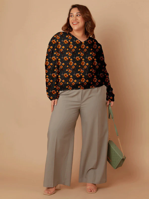 Black with Brown Floral Print Regular Top