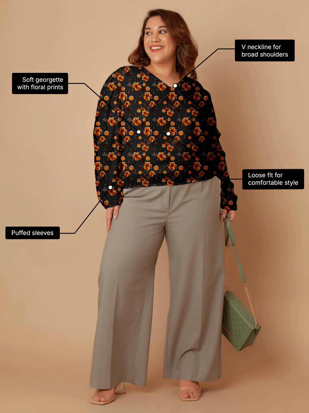 Black with Brown Floral Print Regular Top - Image 3