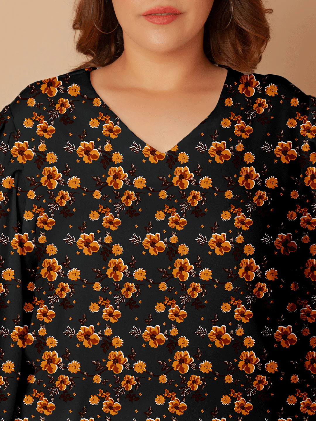 Black with Brown Floral Print Regular Top - Image 5