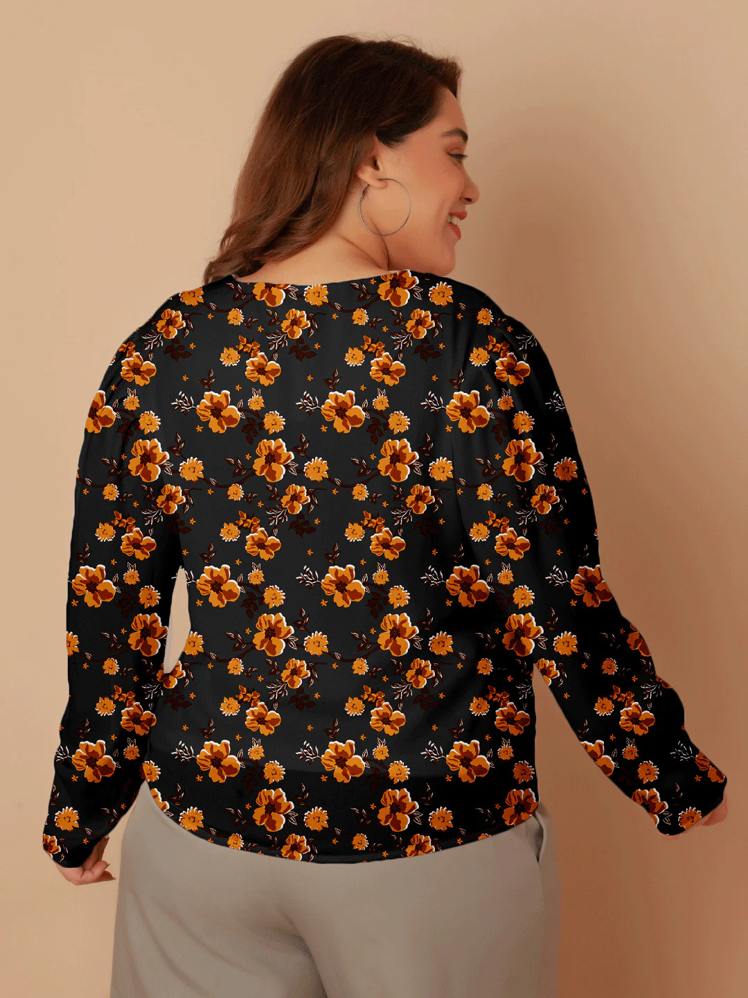 Black with Brown Floral Print Regular Top - Image 6