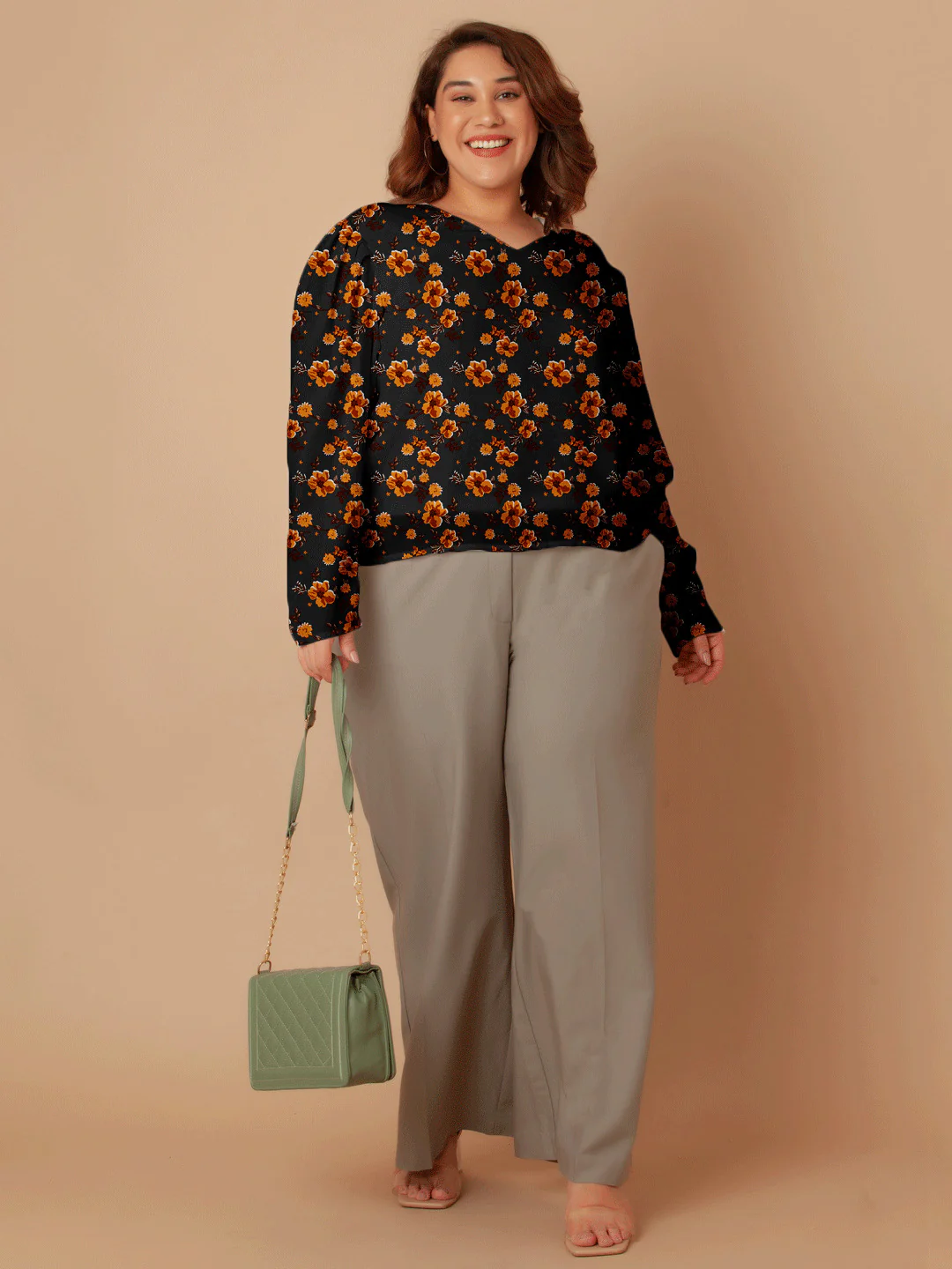 Black with Brown Floral Print Regular Top - Image 7