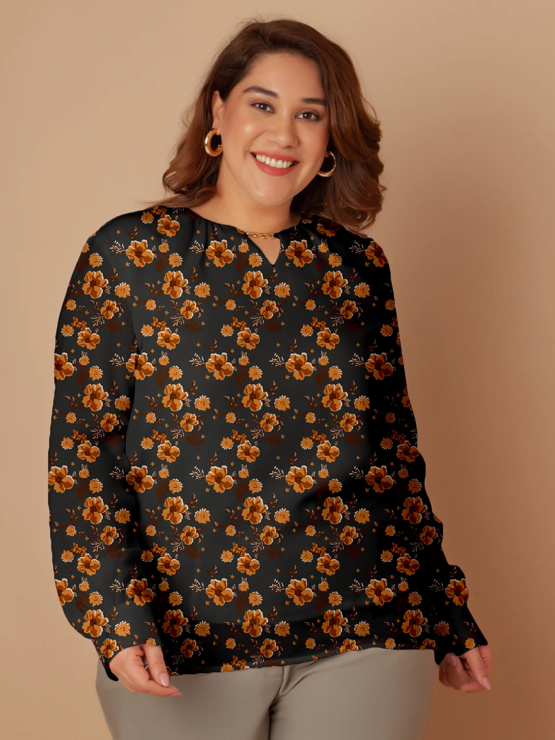 Black with Brown Floral Prints Regular Top - Image 2