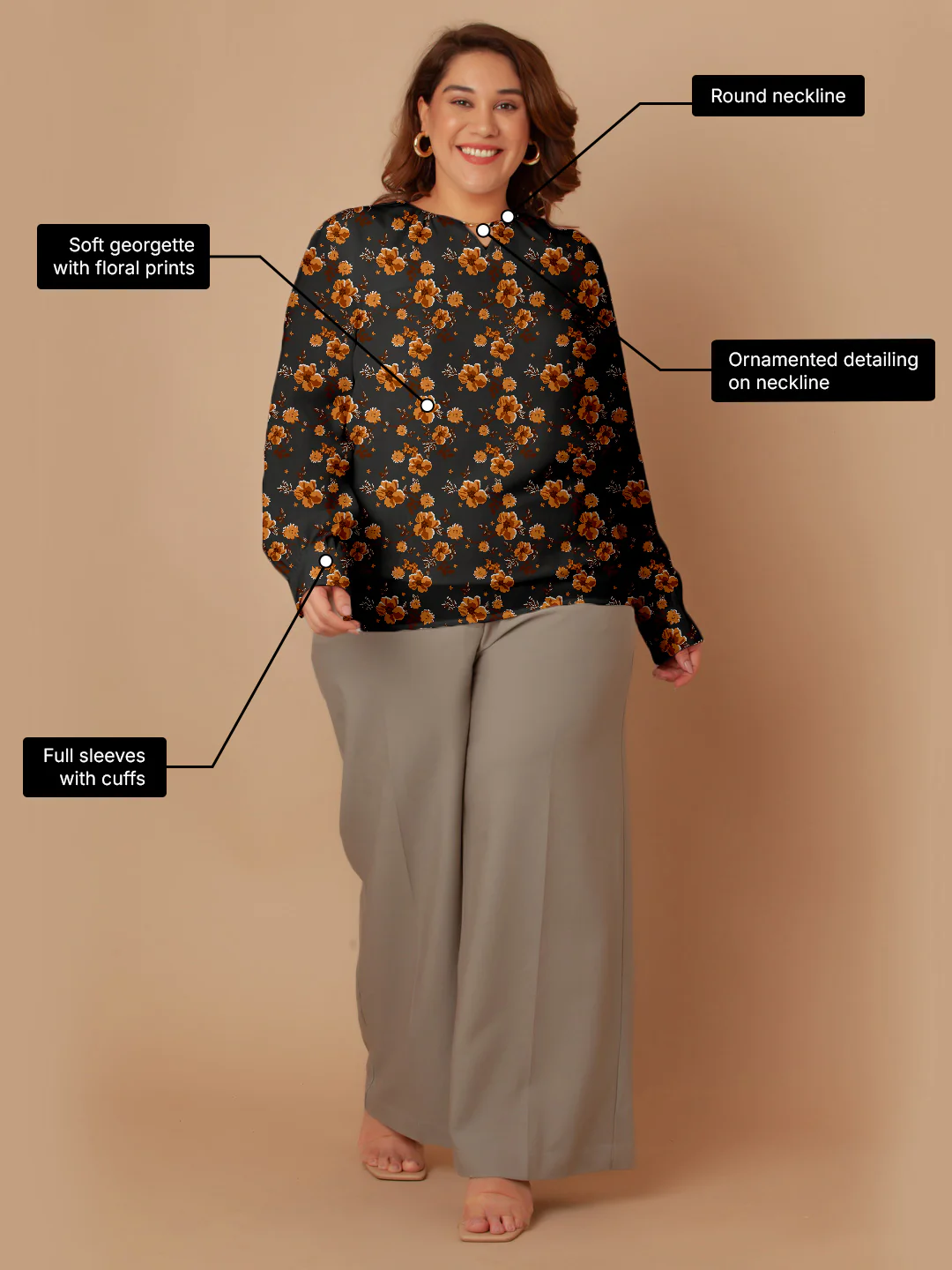 Black with Brown Floral Prints Regular Top - Image 3