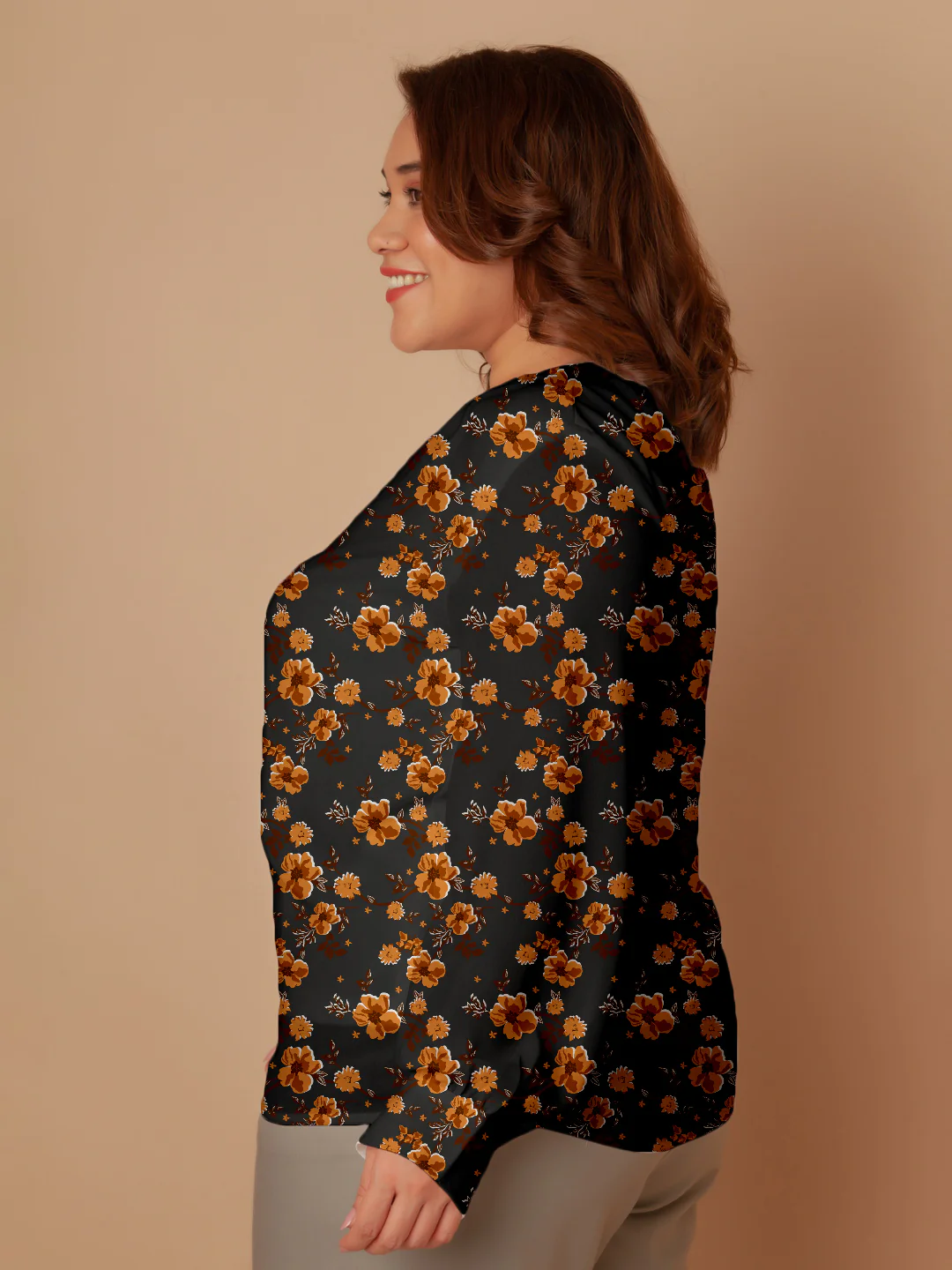 Black with Brown Floral Prints Regular Top - Image 4