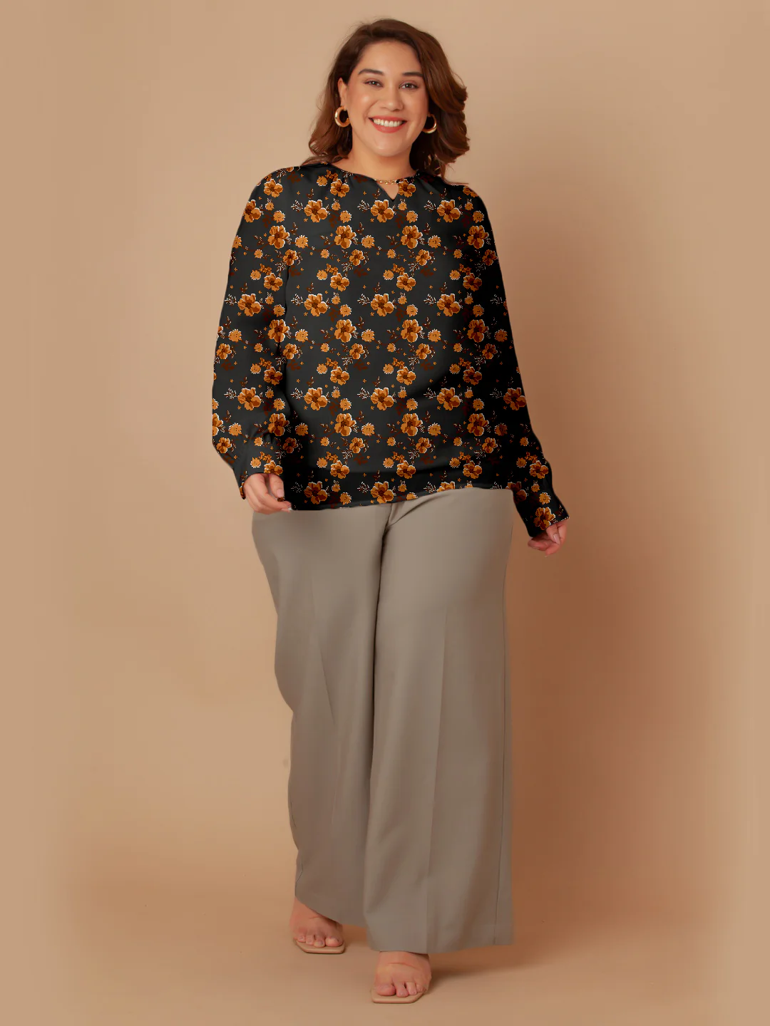 Black with Brown Floral Prints Regular Top - Image 7