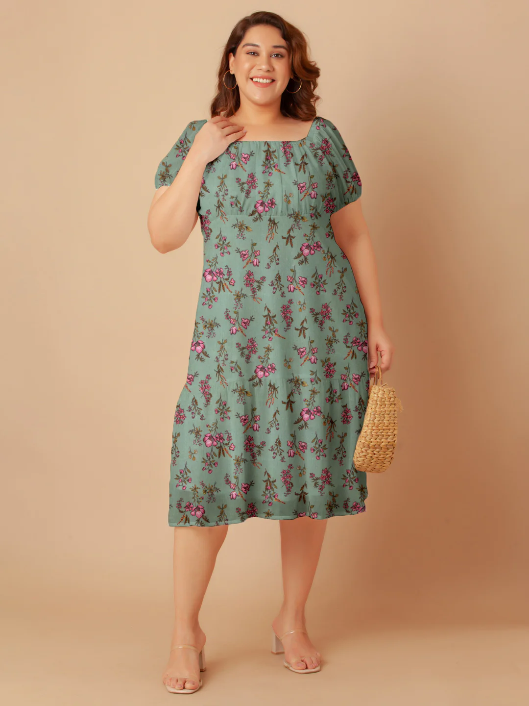 Mint Green Floral Print Empire Midi Dress - Image 8