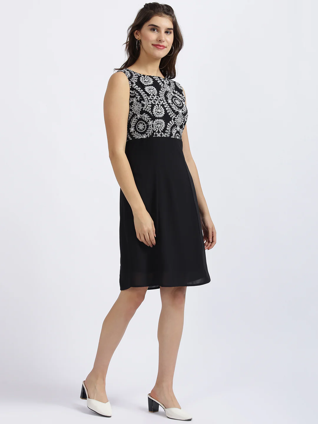 Black Embroidered A-Line Dress - Image 3
