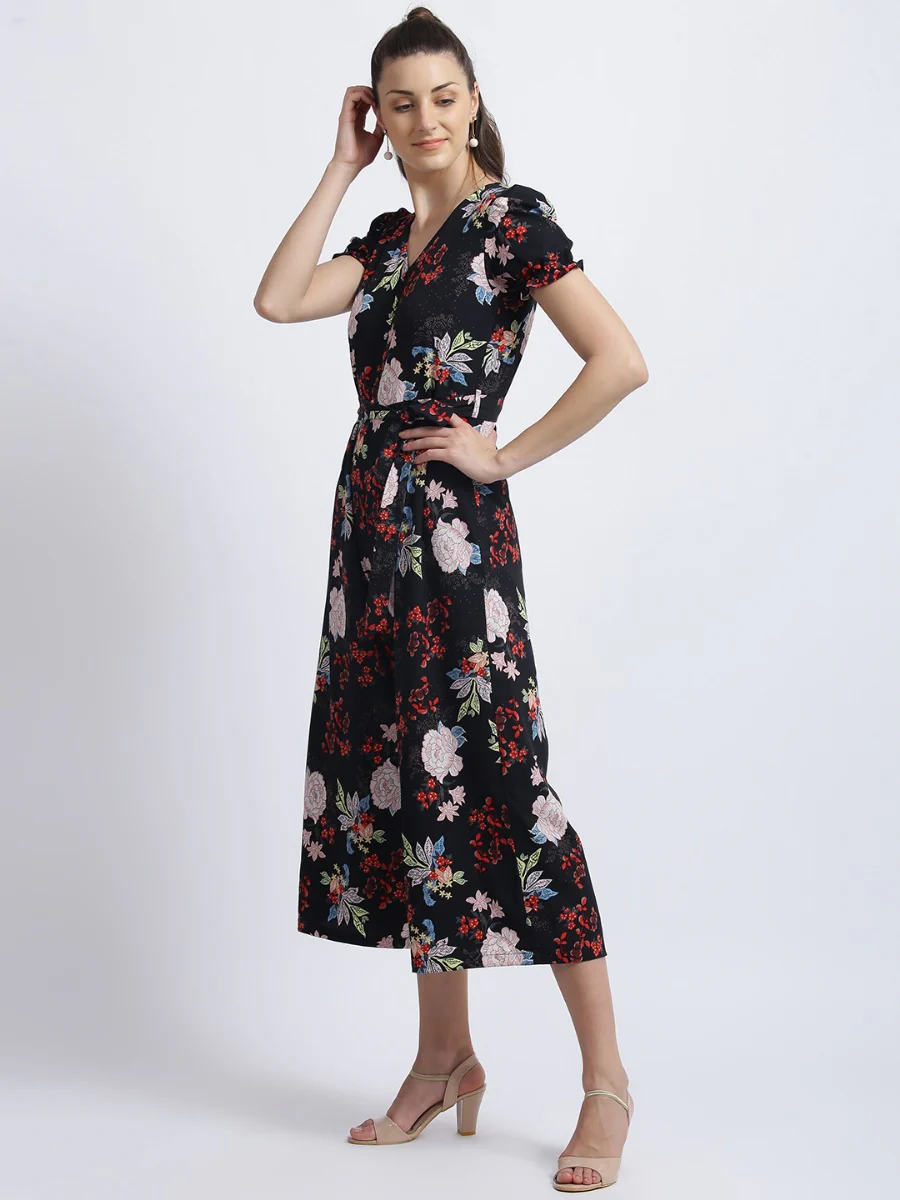 Black Floral Print Straight Jumpsuit - Image 3