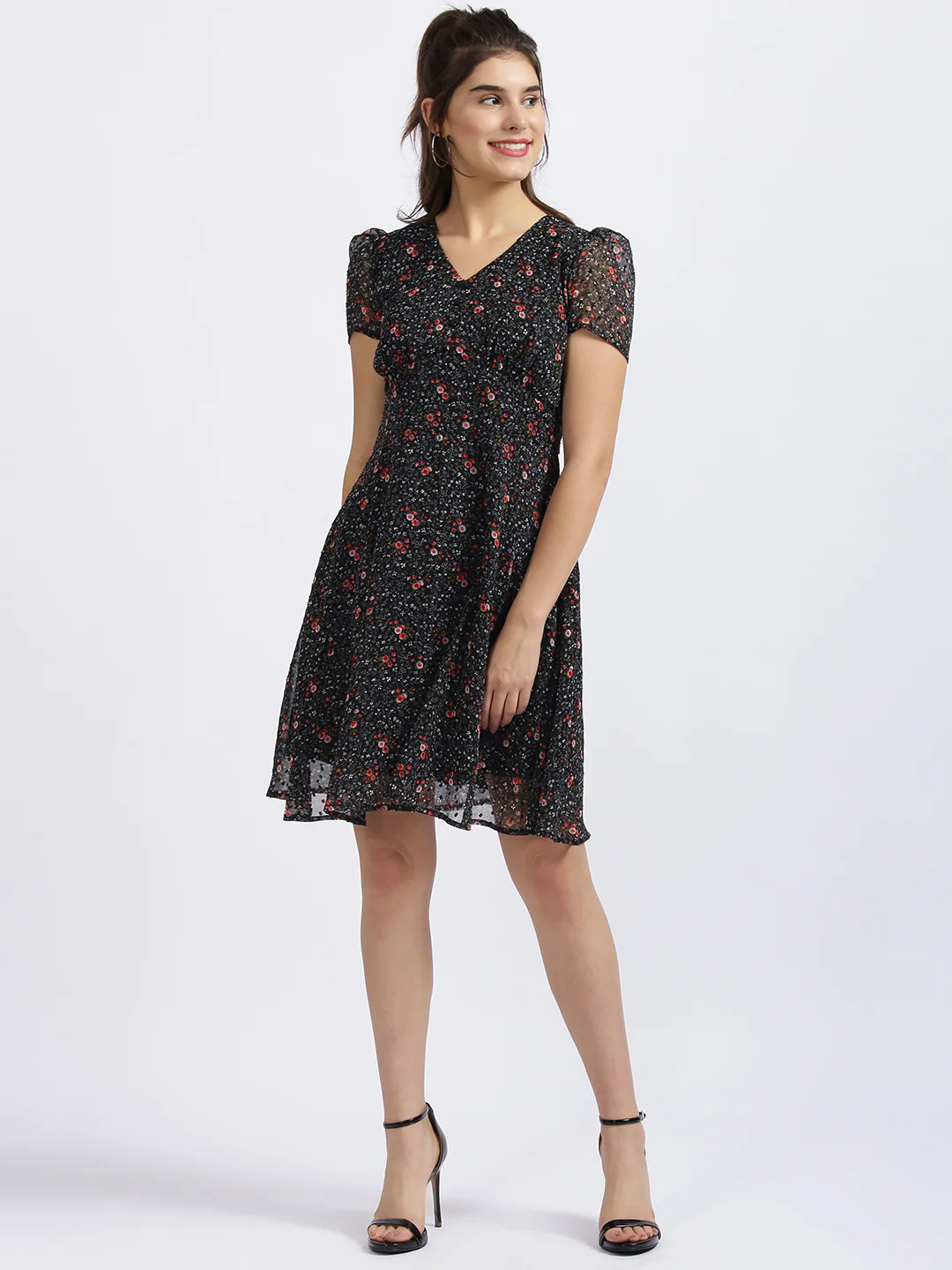 Black Floral Print Short Dress