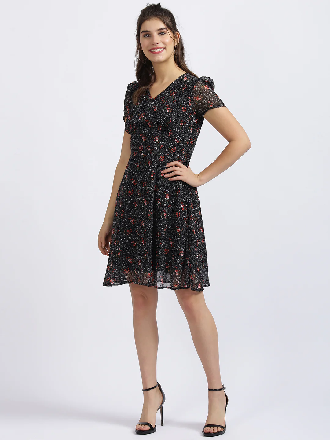 Black Floral Print Short Dress - Image 2