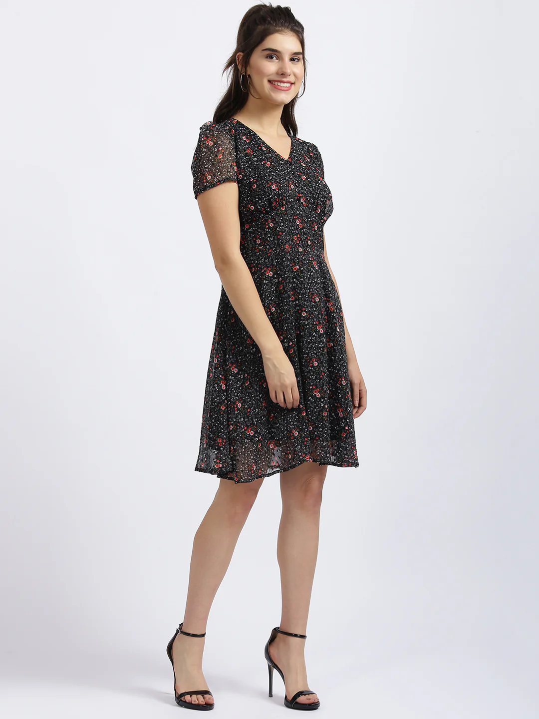Black Floral Print Short Dress - Image 3