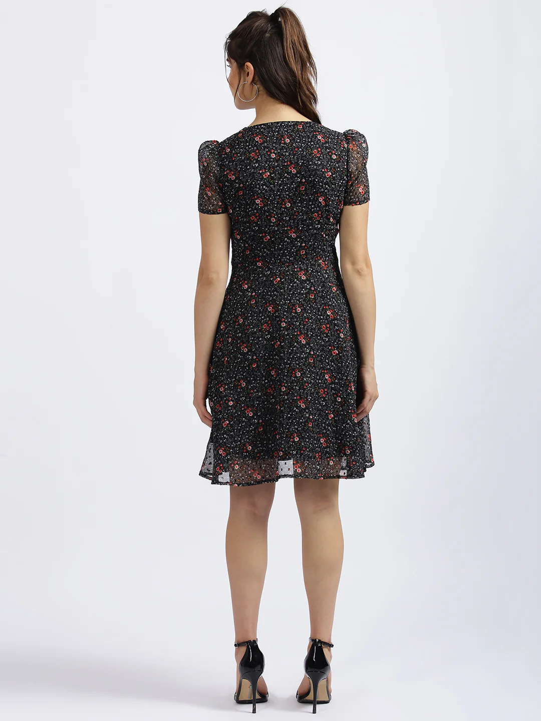 Black Floral Print Short Dress - Image 4