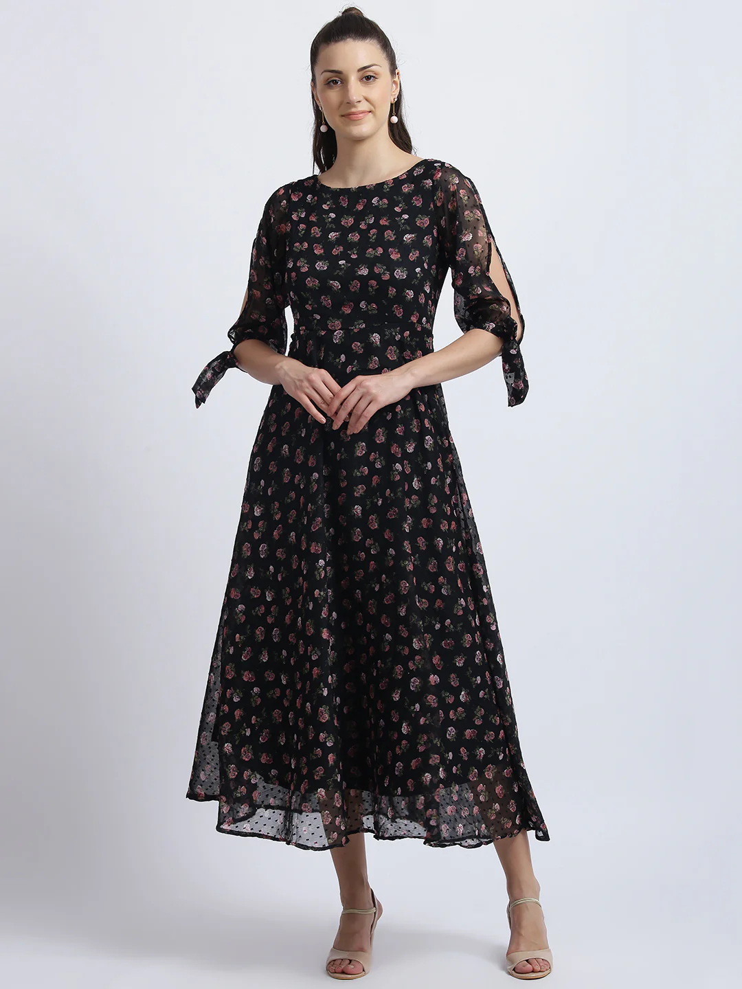 Black Floral Print Fit & Flare Dress - Image 2