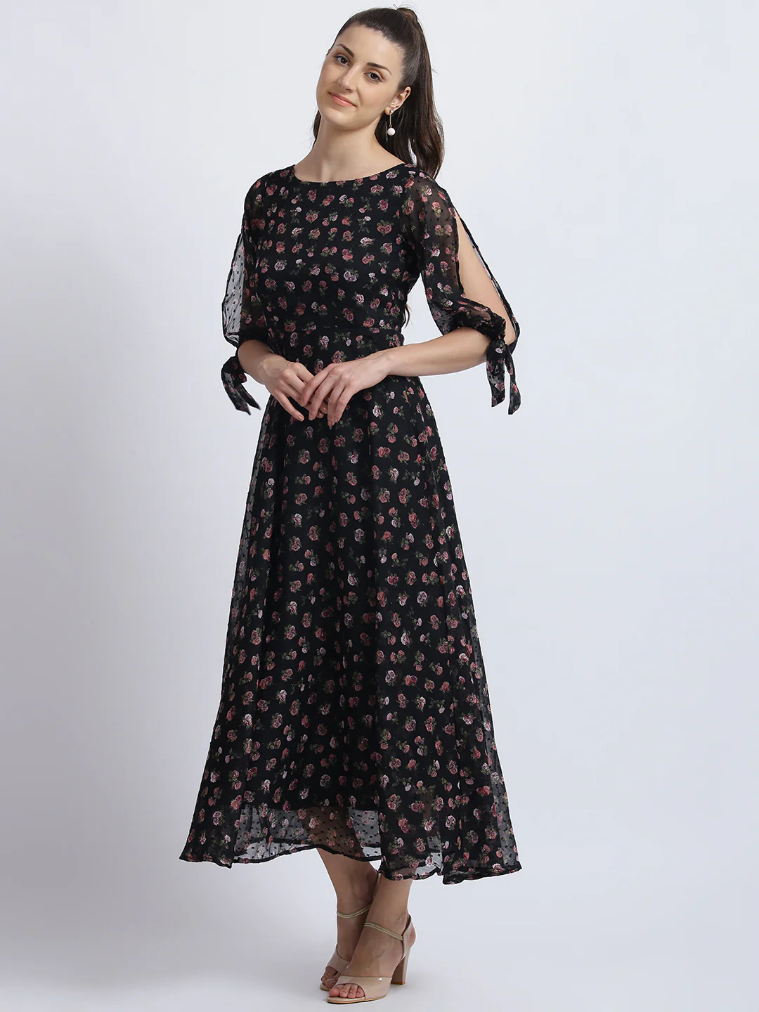 Black Floral Print Fit & Flare Dress - Image 3