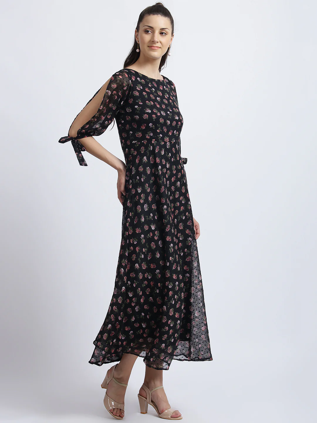 Black Floral Print Fit & Flare Dress - Image 4