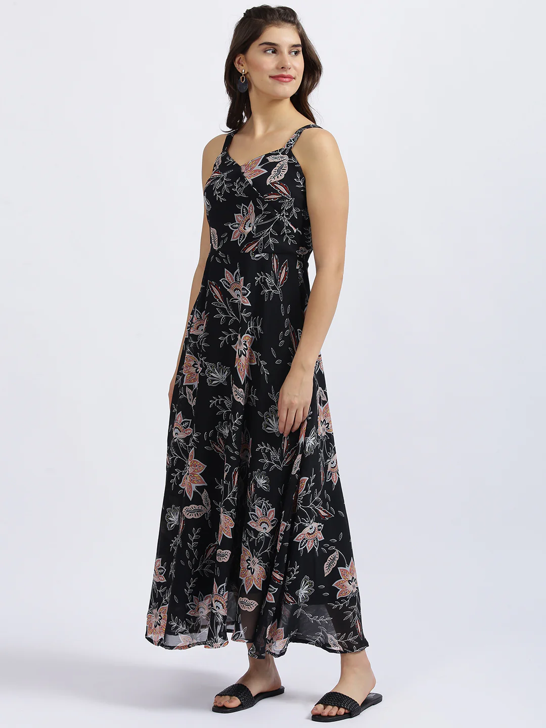 Black Floral Print Fit & Flare Dress - Image 2