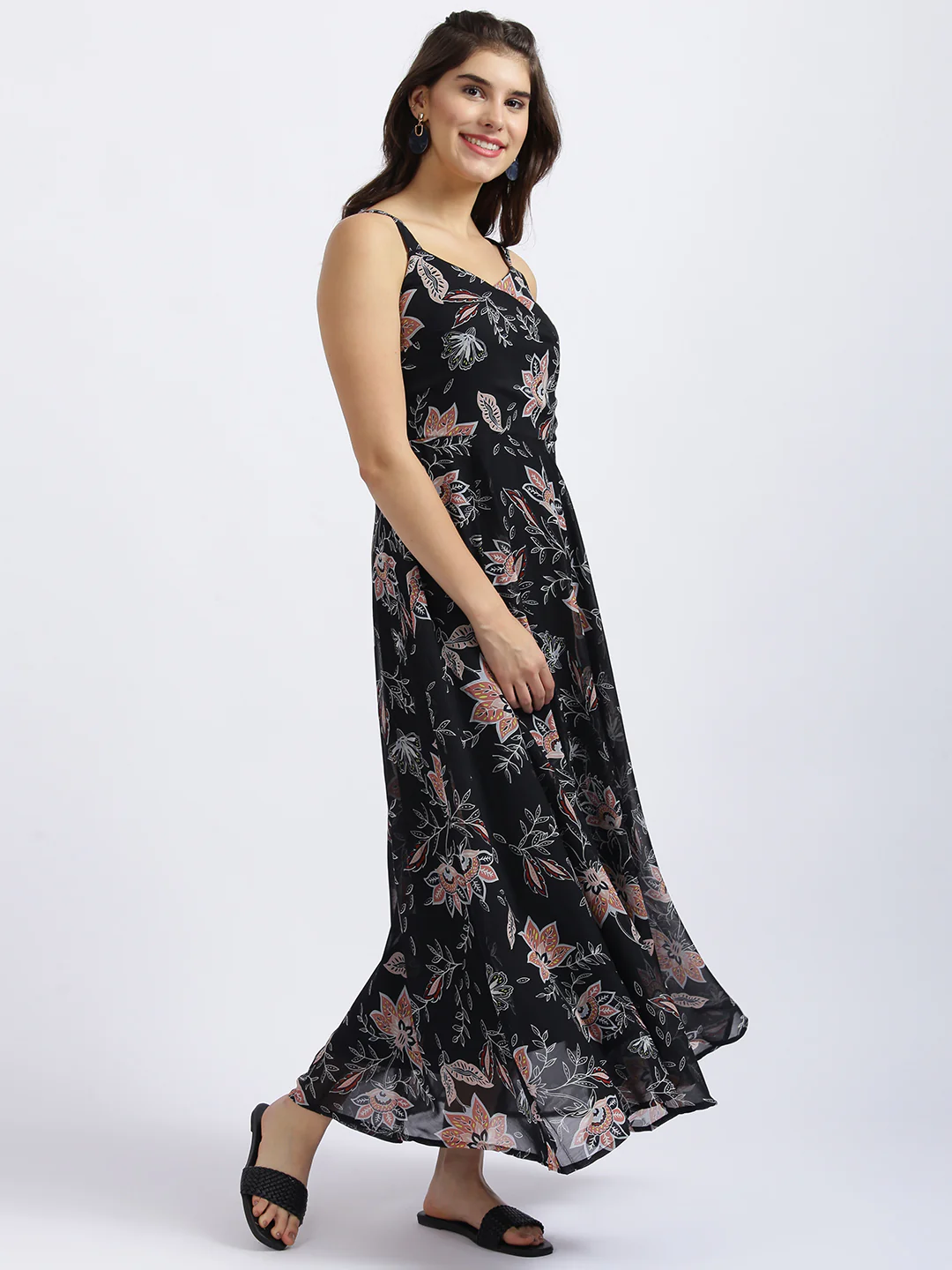 Black Floral Print Fit & Flare Dress - Image 3