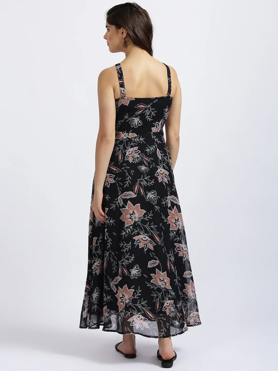 Black Floral Print Fit & Flare Dress - Image 4