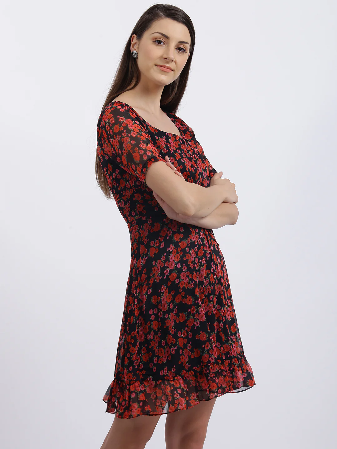 Black Floral Print Fit & Flare Dress - Image 3