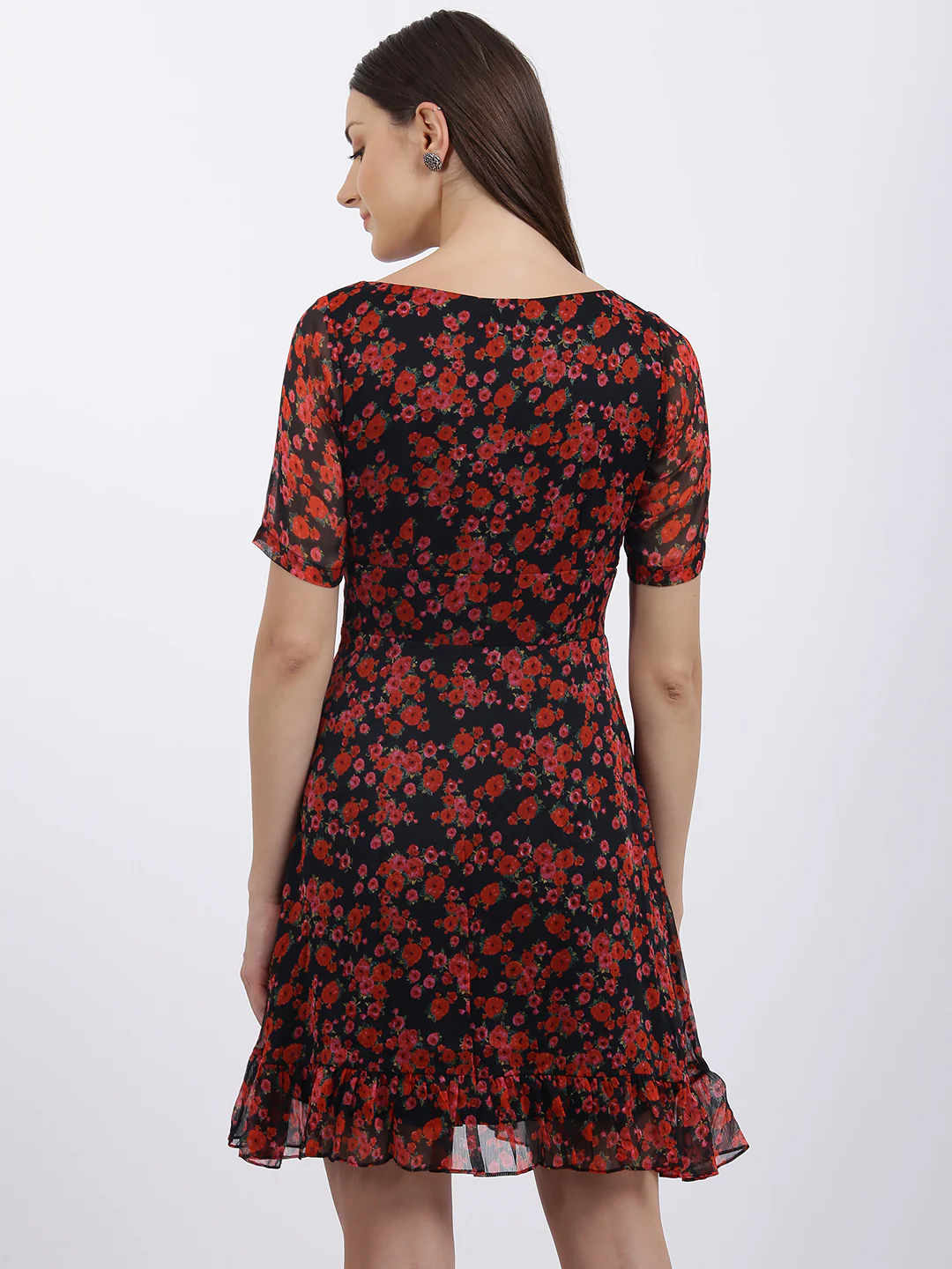 Black Floral Print Fit & Flare Dress - Image 4