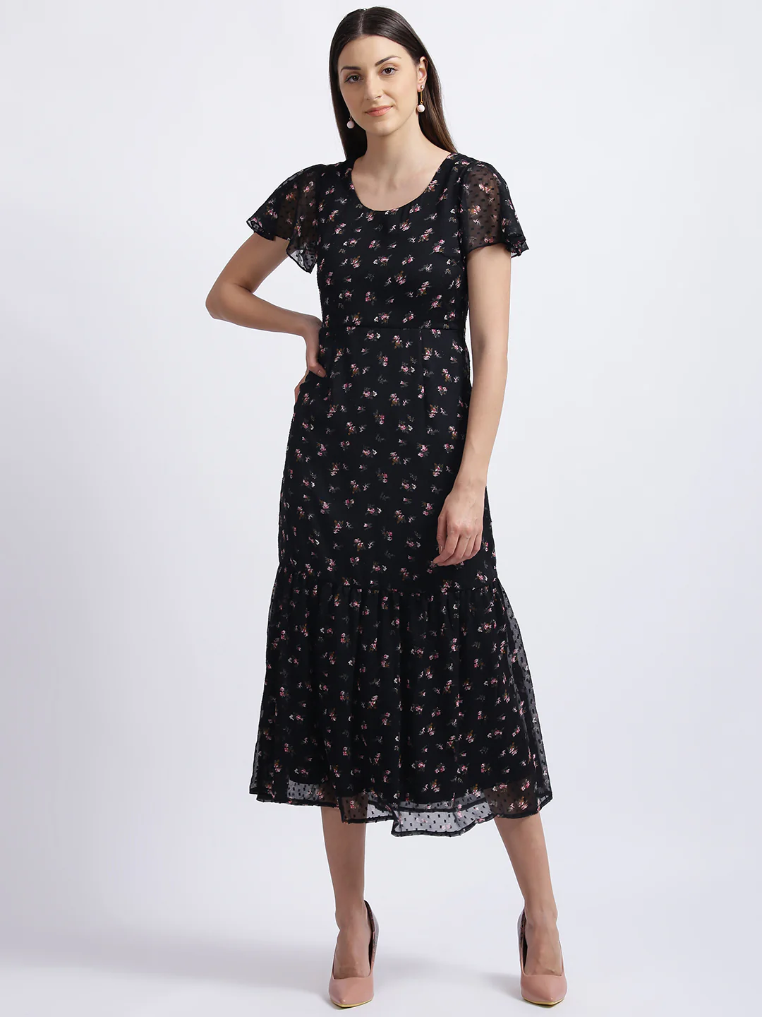 Black Floral Print Tiered Dress