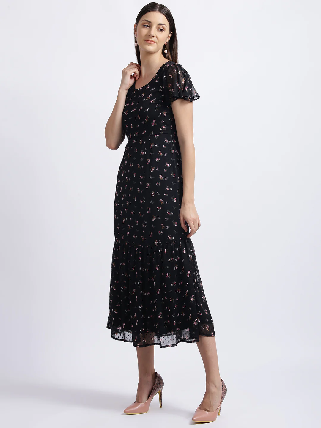 Black Floral Print Tiered Dress - Image 2