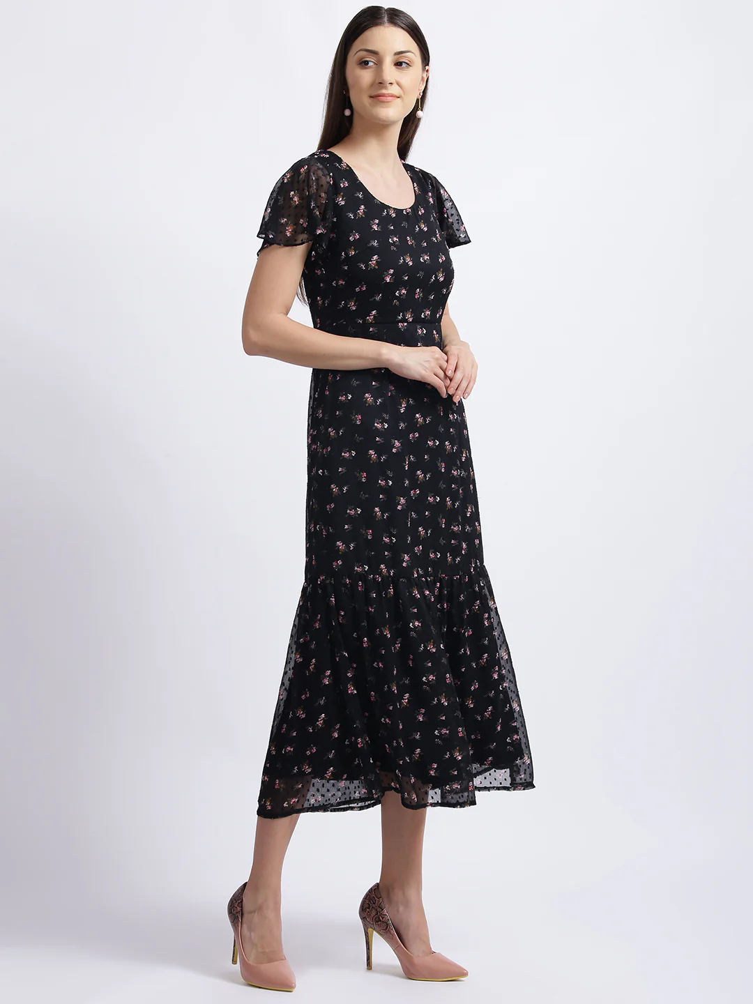 Black Floral Print Tiered Dress - Image 3
