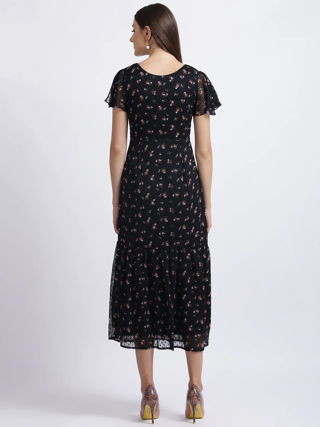 Black Floral Print Tiered Dress - Image 4