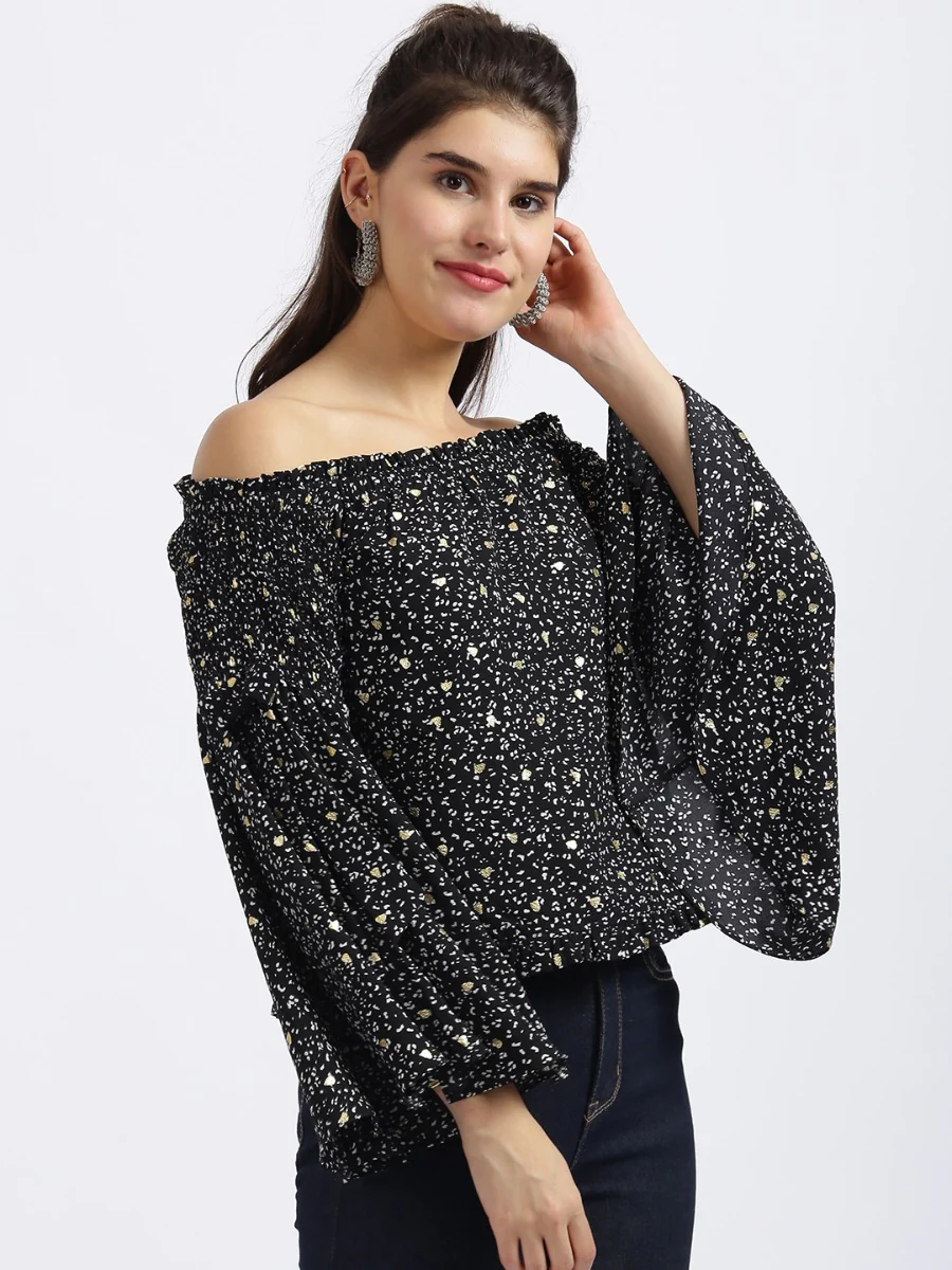 Black Printed Off-shoulder Top - Image 2