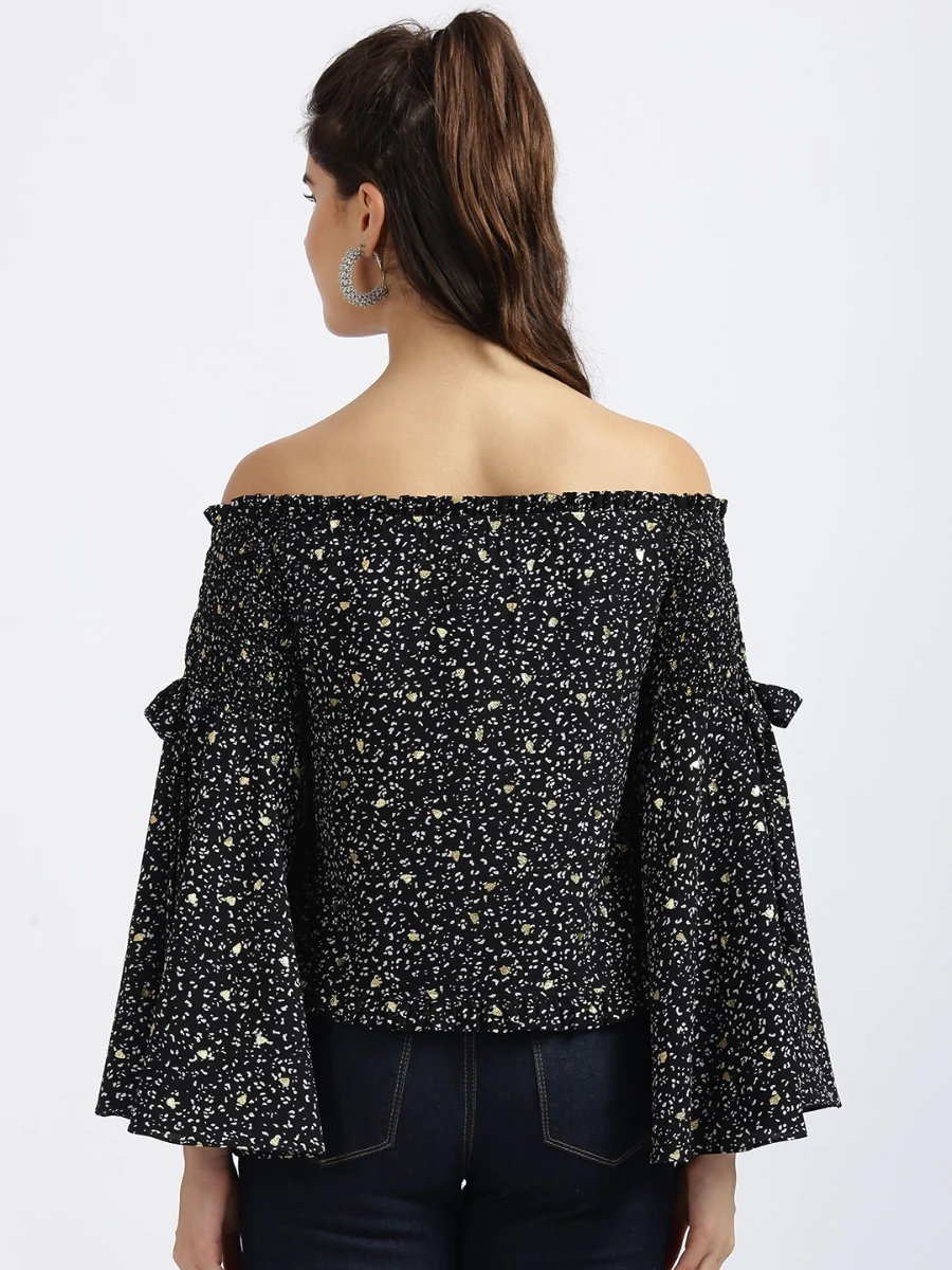 Black Printed Off-shoulder Top - Image 3