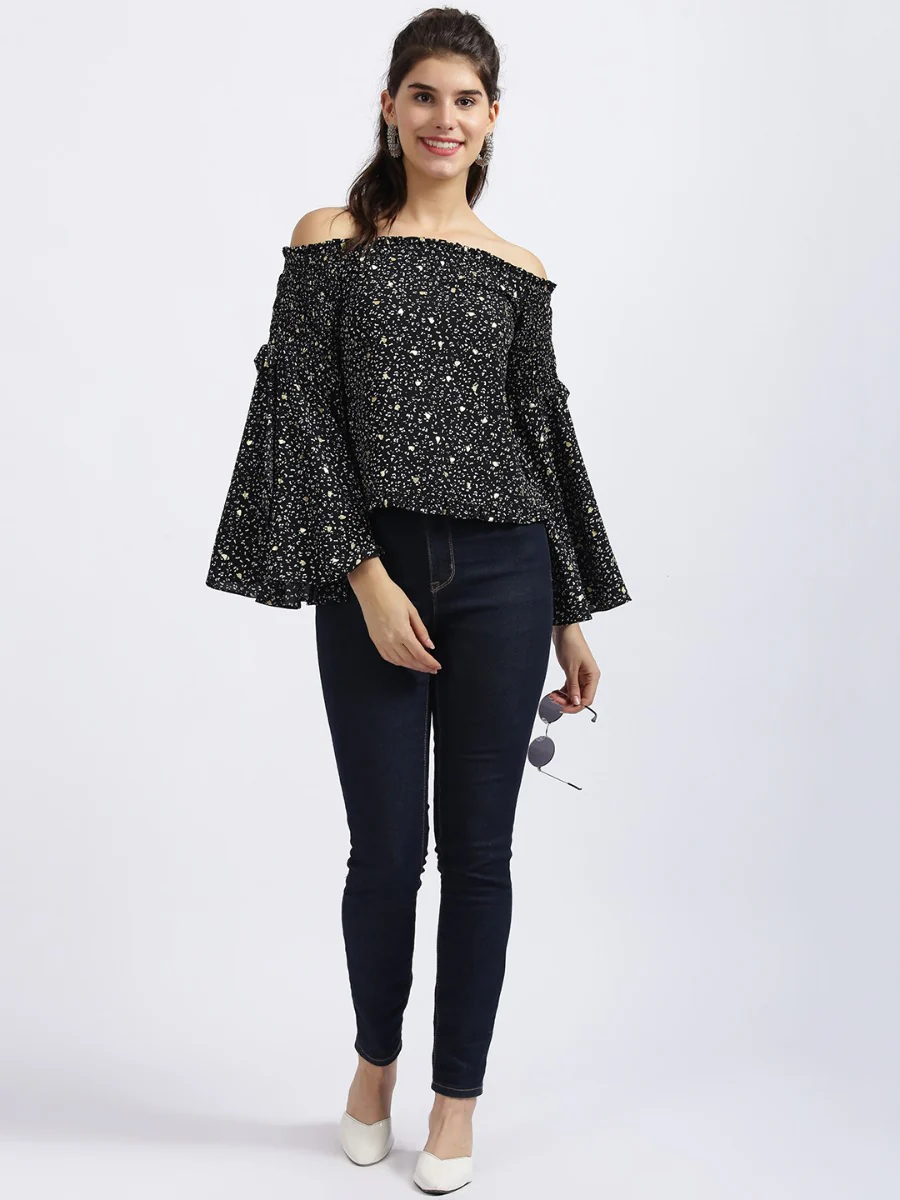 Black Printed Off-shoulder Top - Image 4