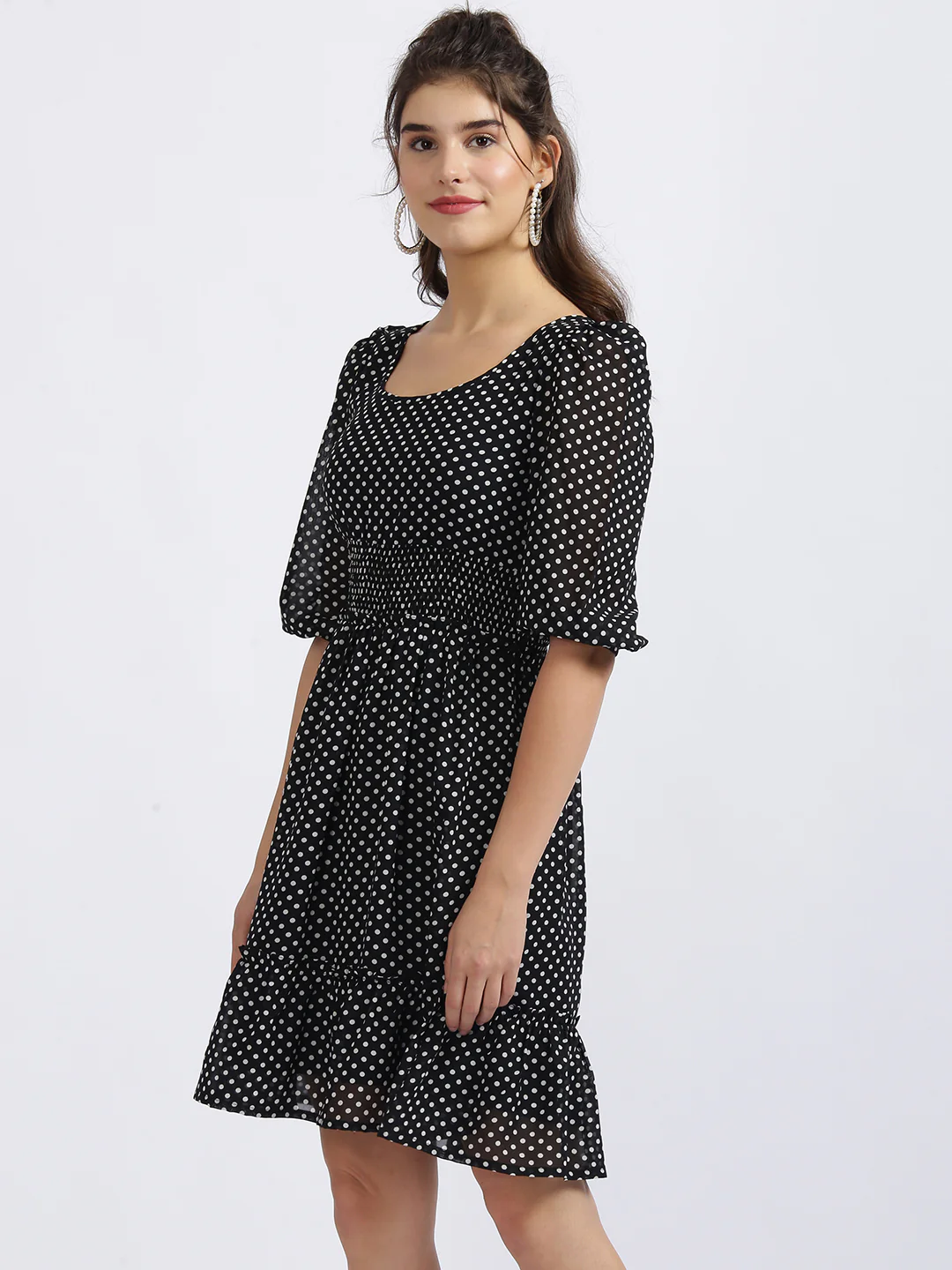 Black Polka Puff Sleeve Short Dress - Image 2