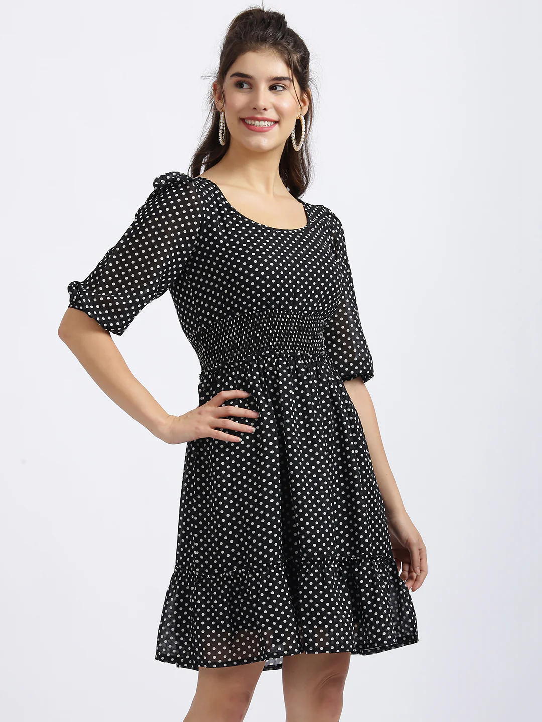 Black Polka Puff Sleeve Short Dress - Image 3
