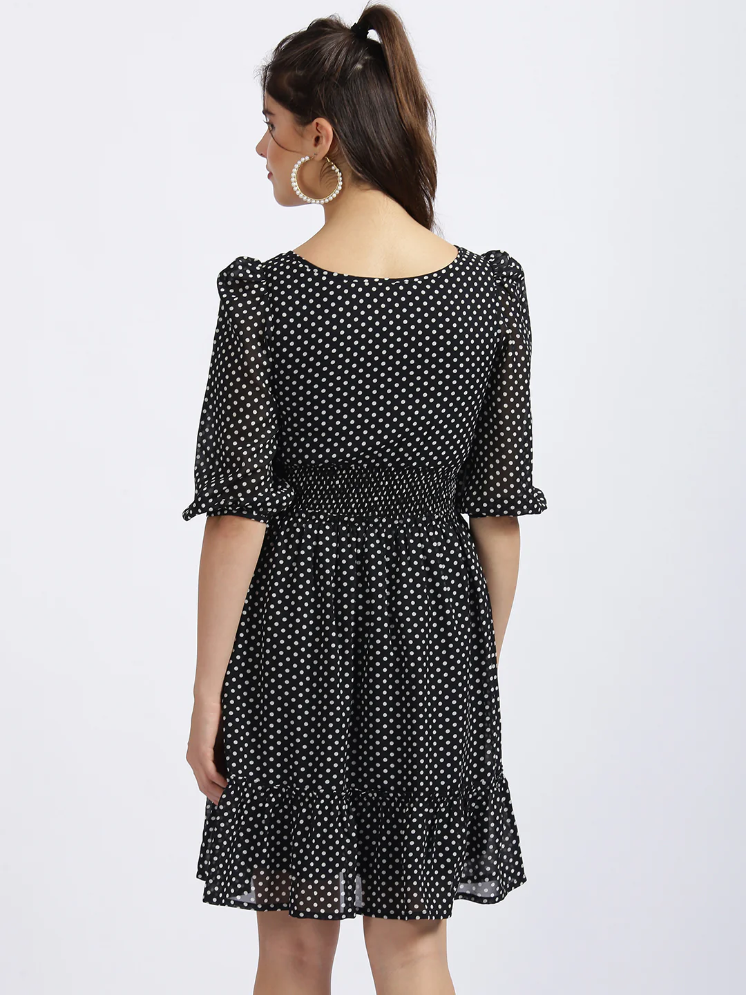 Black Polka Puff Sleeve Short Dress - Image 4