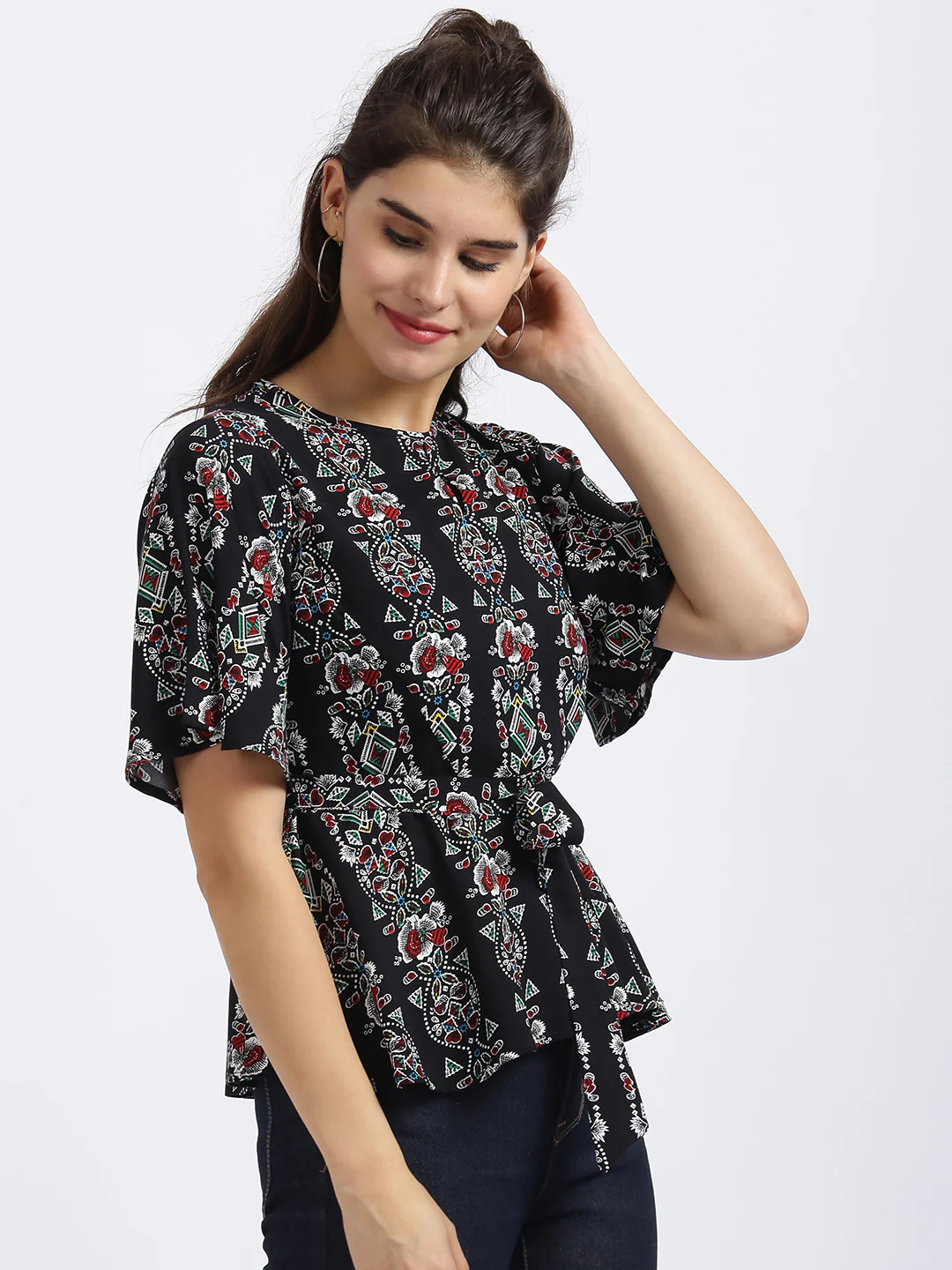Black Printed Tie-Up Top - Image 4