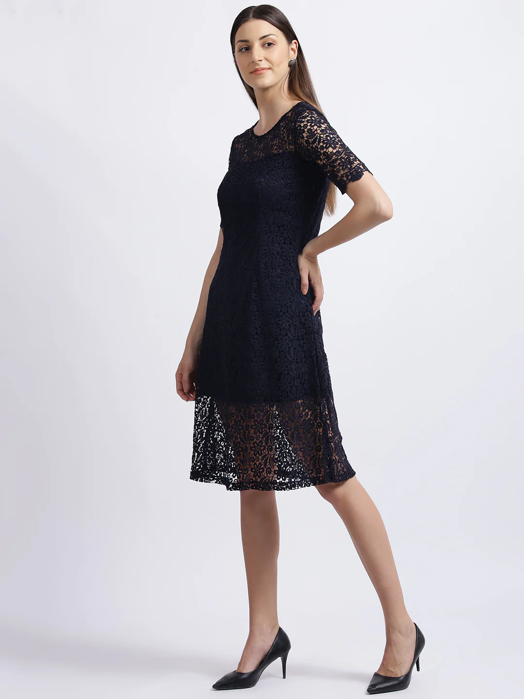 Black Self Design Fit & Flare Dress - Image 3