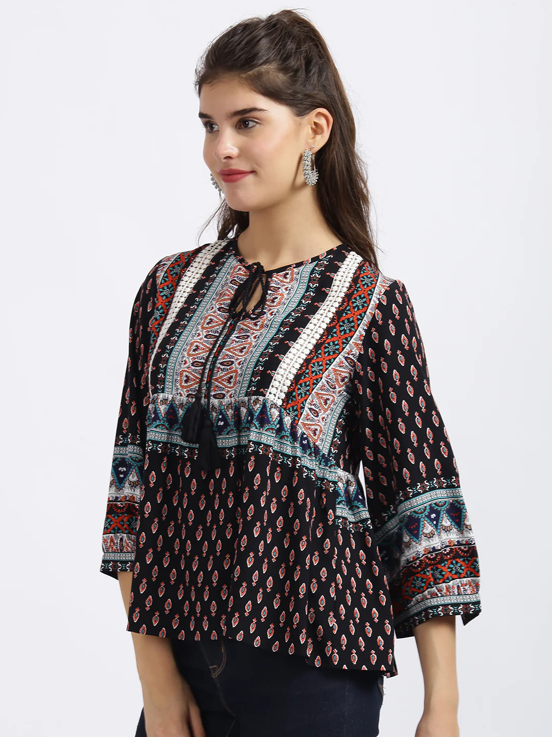 Black Tribal Print Gathered Top - Image 2