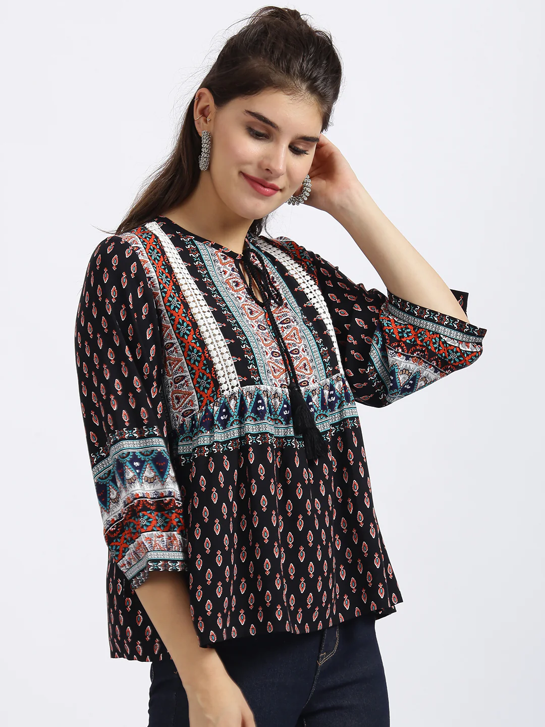Black Tribal Print Gathered Top - Image 3