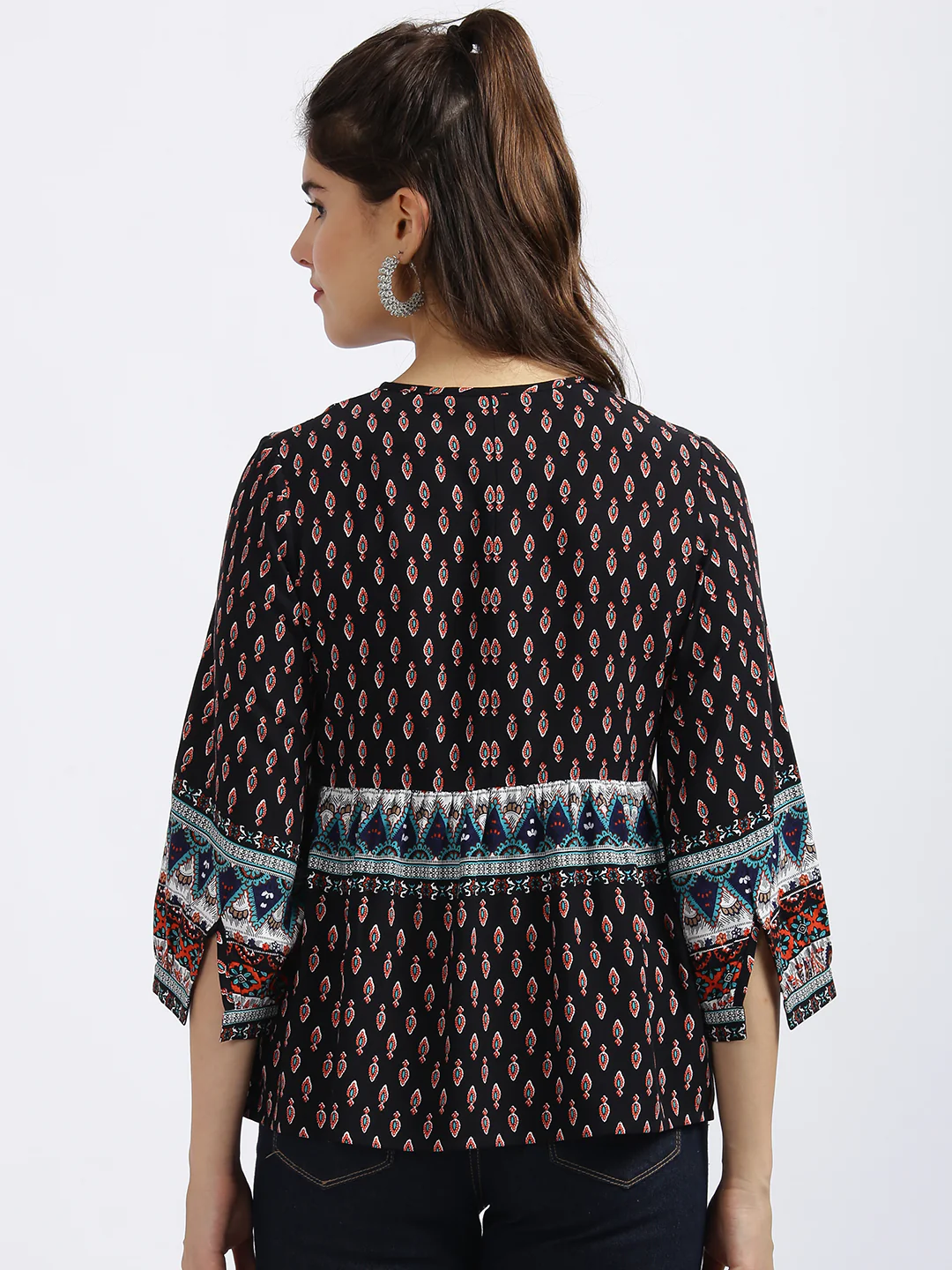 Black Tribal Print Gathered Top - Image 4